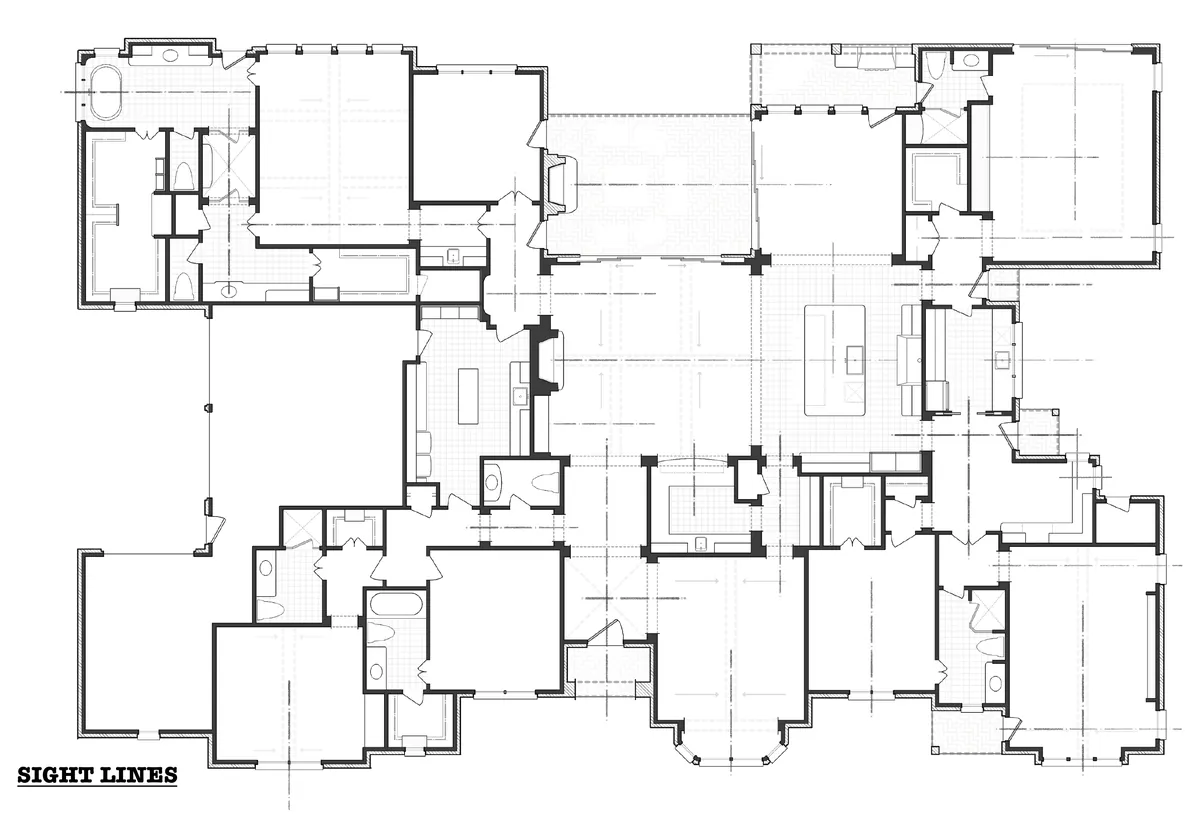 Sight-line study of Study No. 16's floor plan, with center lines drawn through the openings