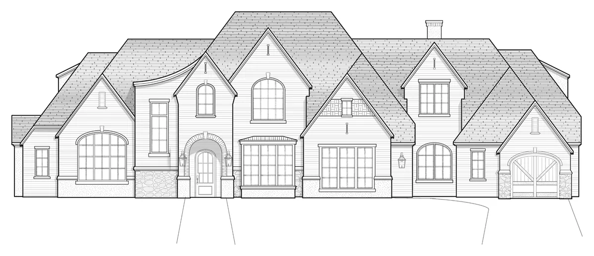 Black-and-white concept elevation of a wide two-story house with several steep gables, arched windows and an arched carriage-style garage door