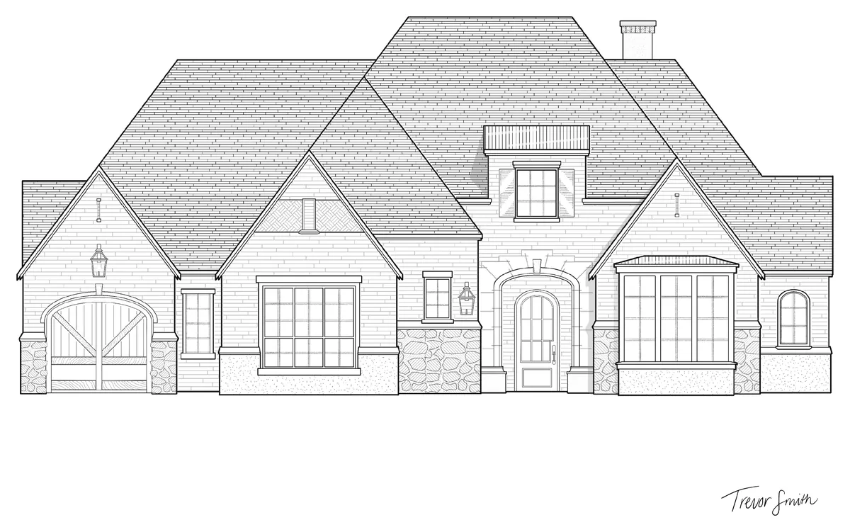 Black-and-white concept elevation of a single-story house with steep hipped roofs, stone accents and an arched front door, signed Trevor Smith