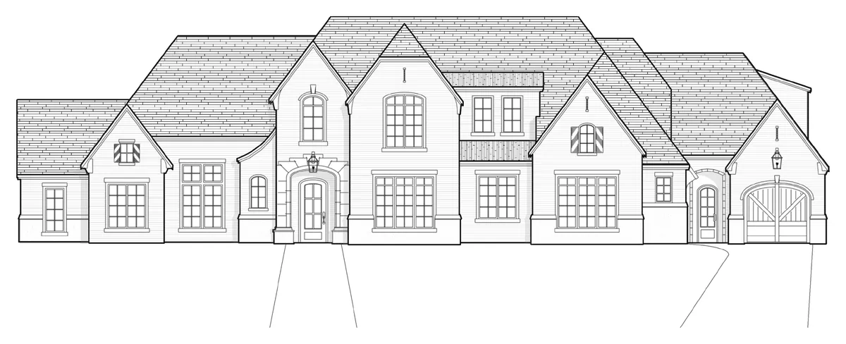 Black-and-white concept elevation of a wide two-story house with multiple gables, a central arched entry and an arched carriage-style garage door