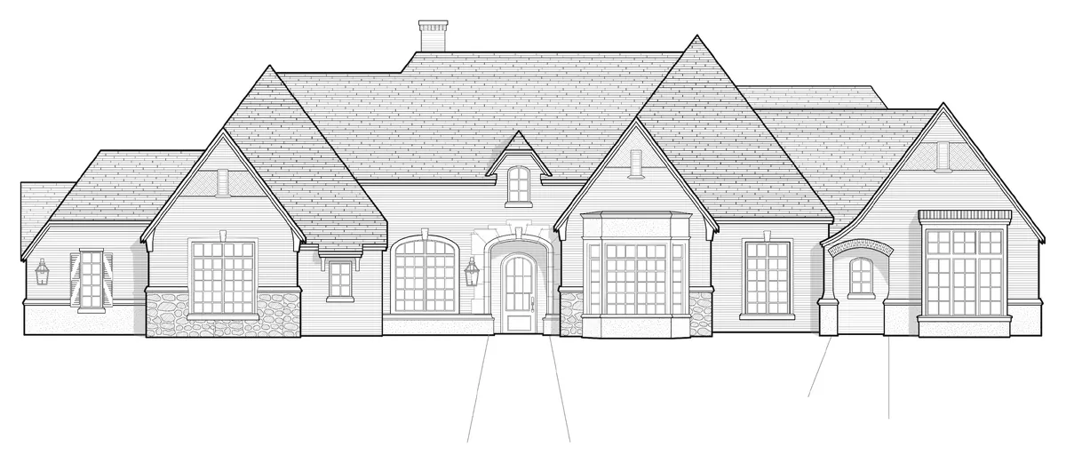 Black-and-white concept elevation of a long single-story house with gabled wings, stone accents and an arched entry