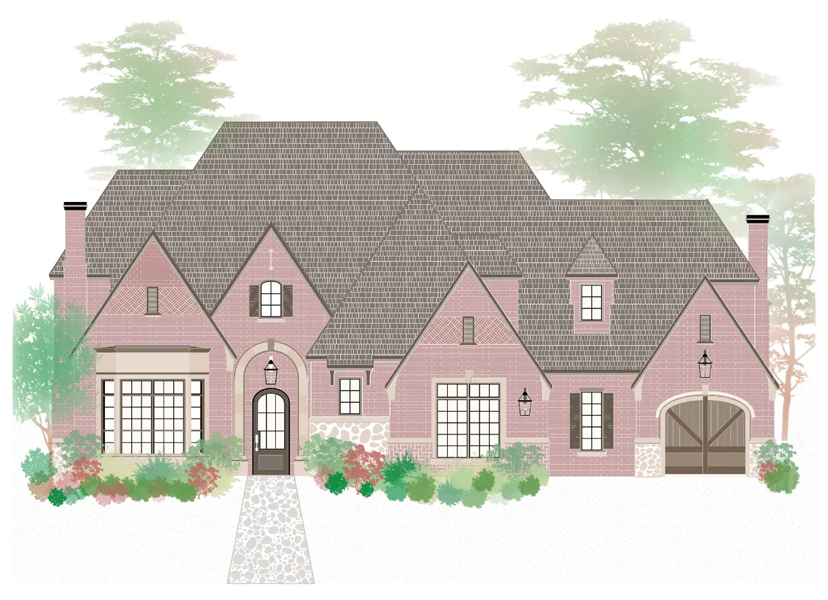 Colored concept elevation of a two-story house in rose brick with a brown shingle roof, steep gables, stone accents and landscaping