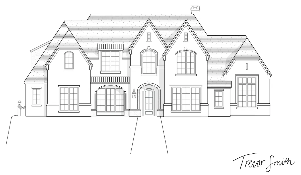 Black-and-white concept elevation of a two-story house with steep front gables, arched windows and an arched entry, signed Trevor Smith